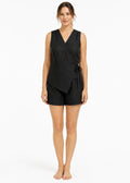 Sleeveless Wrap Sleep Romper in Black - on model