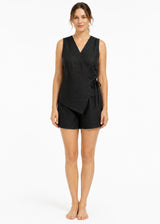Sleeveless Wrap Sleep Romper in Black - on model