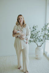 Mother in the Oatmeal Nursing Cover, full length front view