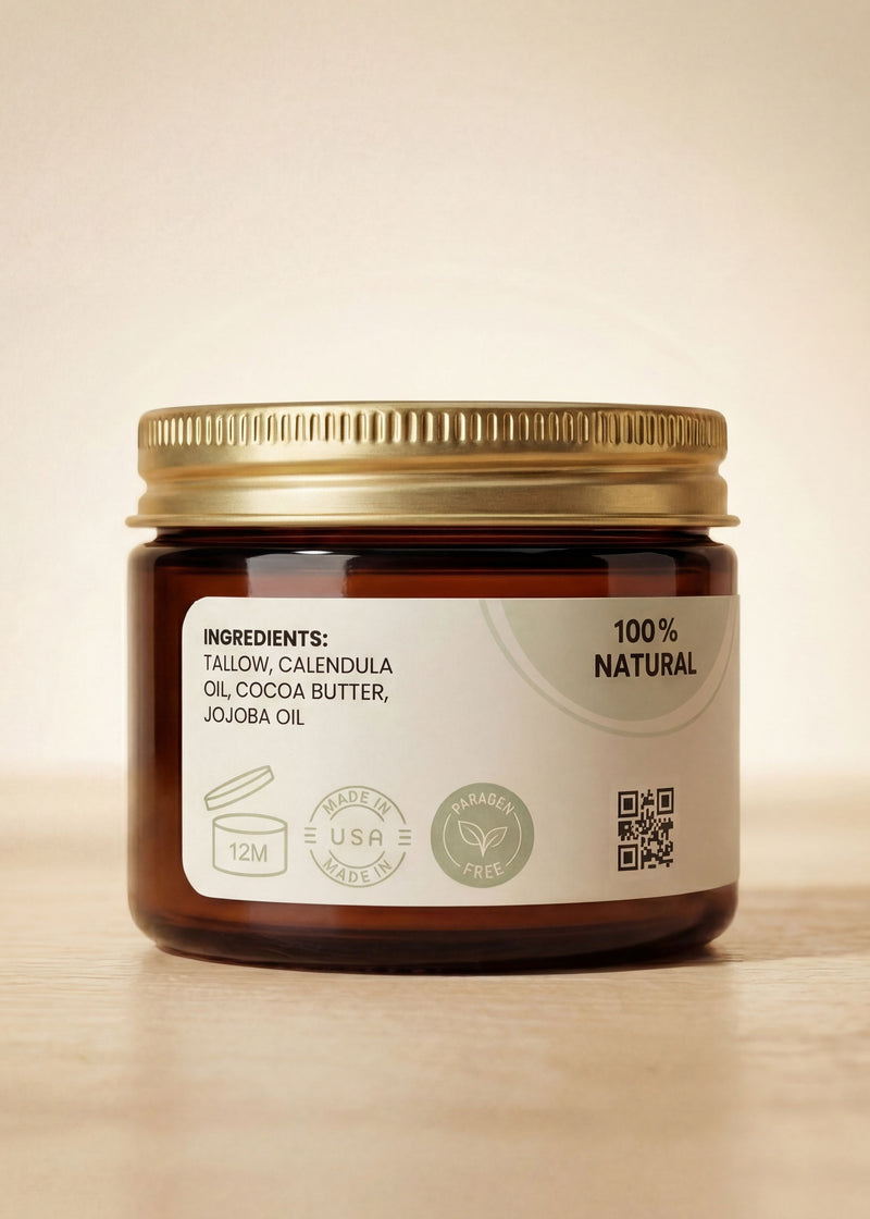 Amber glass jar of Nurturing Nipple Balm with gold lid, showing ingredients and "100% Natural" label.