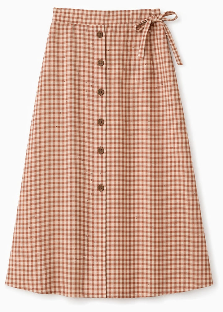 A-Line Button-Front Gingham Linen Midi Skirt in Linen in Rust Gingham — flat lay