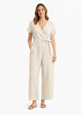 Wrap-Front Wide-Leg Linen Jumpsuit in Linen in Natural — on model
