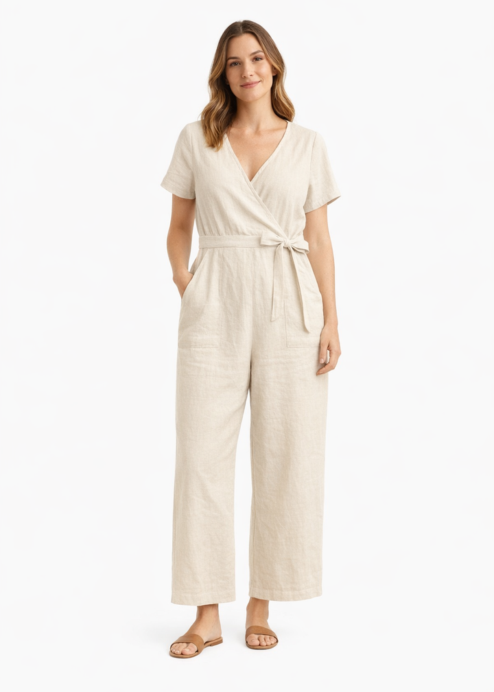 Wrap-Front Wide-Leg Linen Jumpsuit in Linen in Natural — on model