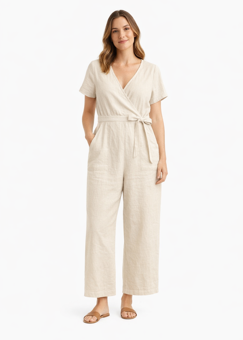 Wrap-Front Wide-Leg Linen Jumpsuit in Linen in Natural — on model