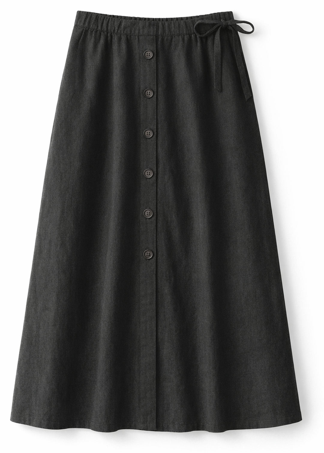 A-Line Button-Front Gingham Linen Midi Skirt in Linen in Black — flat lay
