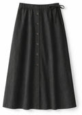 A-Line Button-Front Gingham Linen Midi Skirt in Linen in Black — flat lay