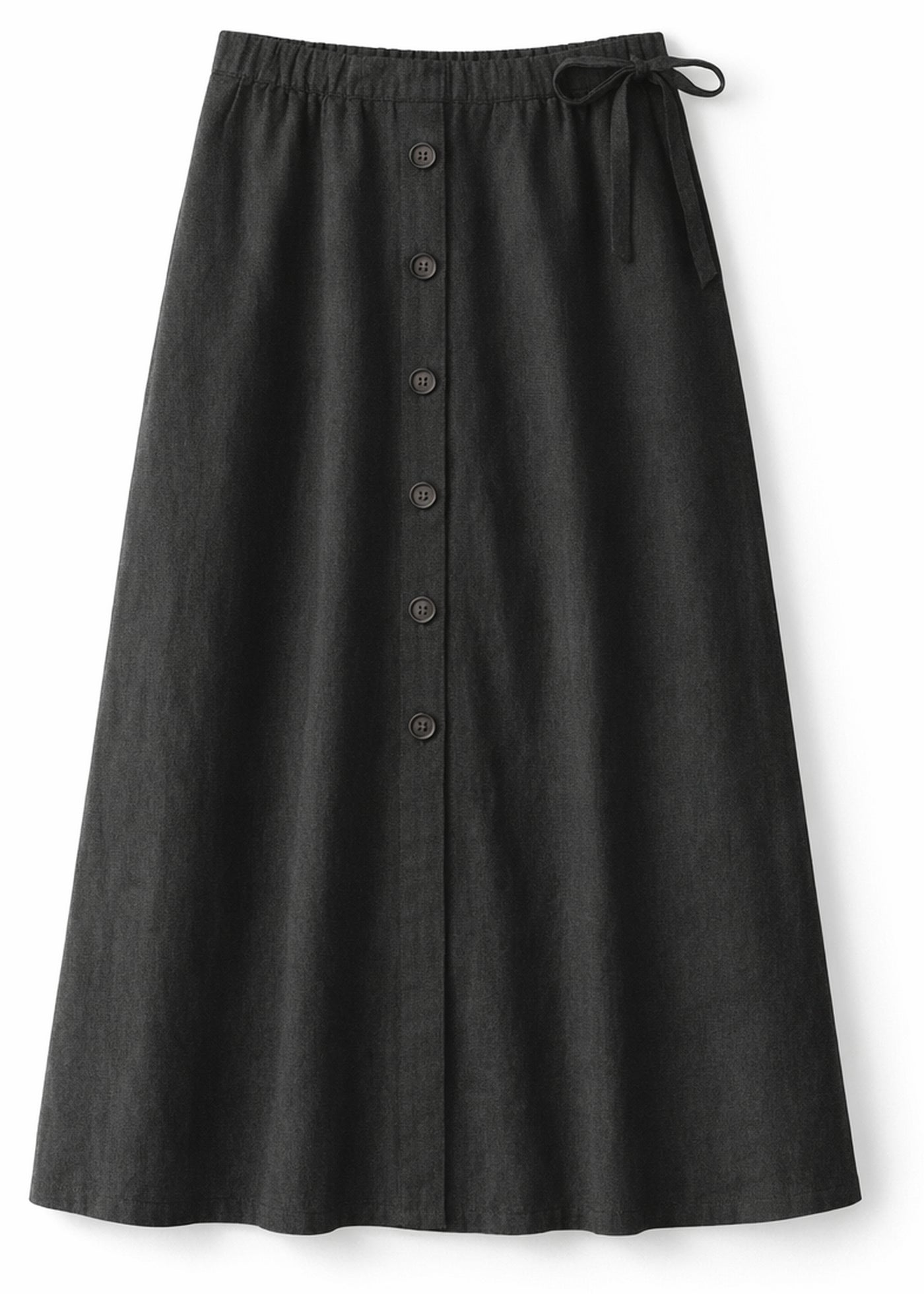 A-Line Button-Front Gingham Linen Midi Skirt in Linen in Black — flat lay