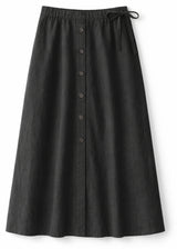 A-Line Button-Front Gingham Linen Midi Skirt in Linen in Black — flat lay