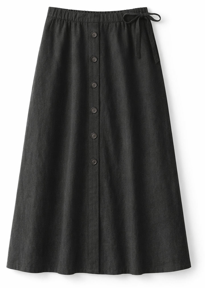 A-Line Button-Front Gingham Linen Midi Skirt in Linen in Black — flat lay