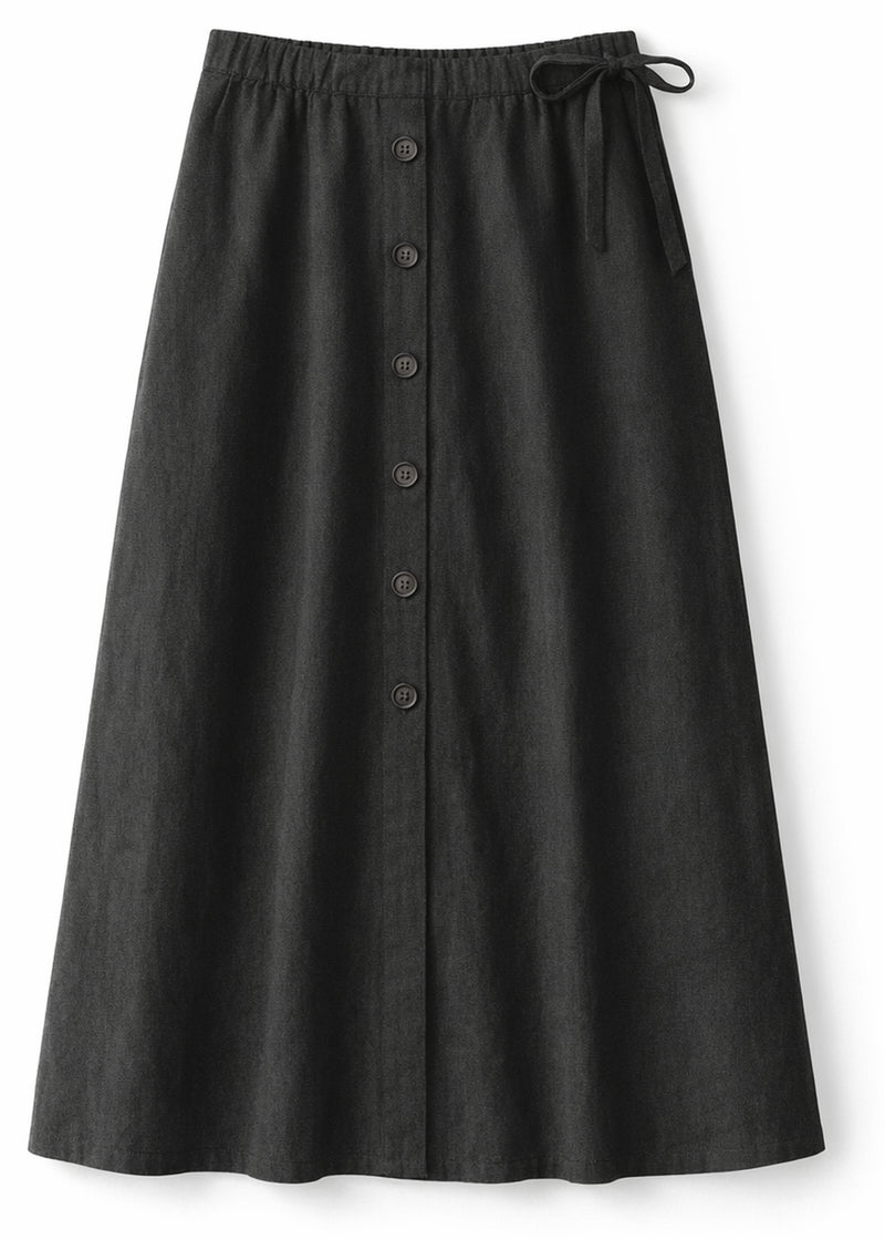 A-Line Button-Front Gingham Linen Midi Skirt in Linen in Black — flat lay