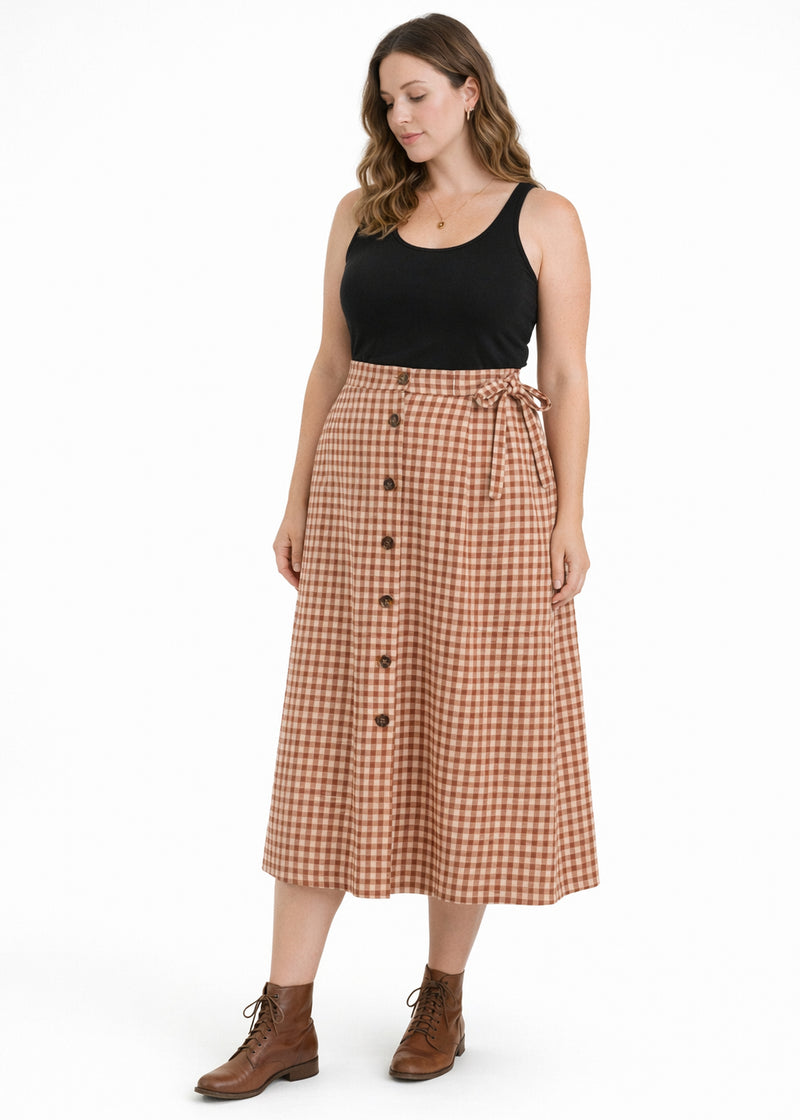 A-Line Button-Front Gingham Linen Midi Skirt in Linen in Rust Gingham — on model