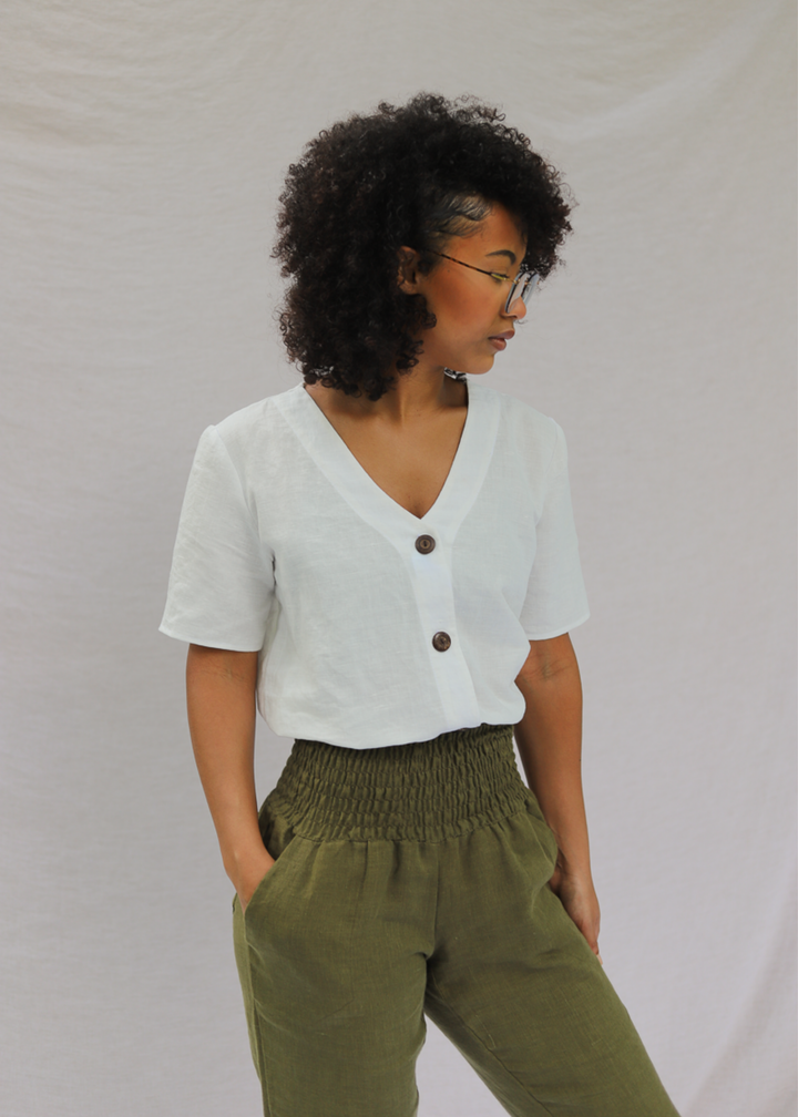 Olivia Button Down Top in Linen/Cotton