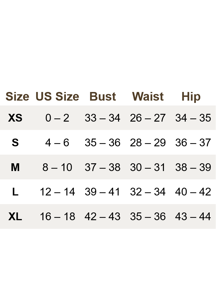Size chart for women's clothing, showing US sizes XS-XL with corresponding bust, waist, and hip measurements.