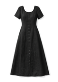 Short-Sleeve Button-Front Linen Maxi Dress in Linen in Black — flat lay