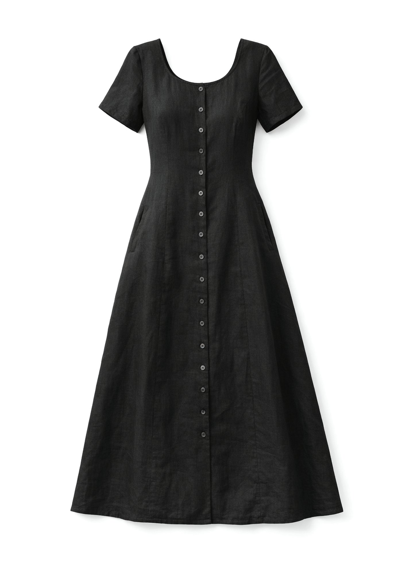 Short-Sleeve Button-Front Linen Maxi Dress in Linen in Black — flat lay