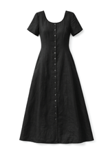 Short-Sleeve Button-Front Linen Maxi Dress in Linen in Black — flat lay
