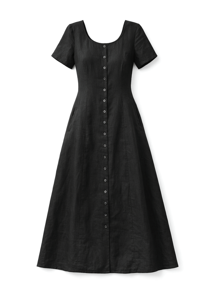 Short-Sleeve Button-Front Linen Maxi Dress in Linen in Black — flat lay
