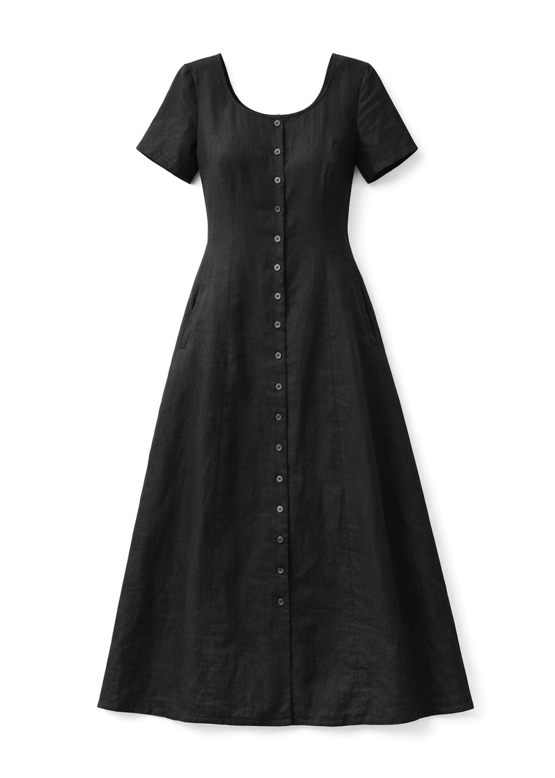 Short-Sleeve Button-Front Linen Maxi Dress in Linen in Black — flat lay