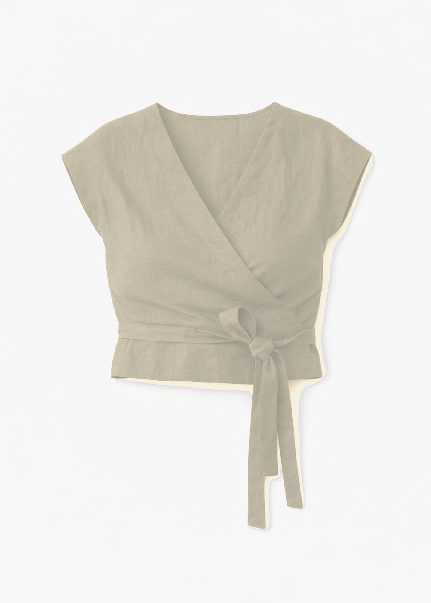 Cropped Drop-Shoulder Linen Wrap Top in Natural — flat lay