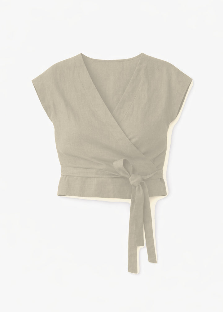 Cropped Drop-Shoulder Linen Wrap Top in Natural — flat lay