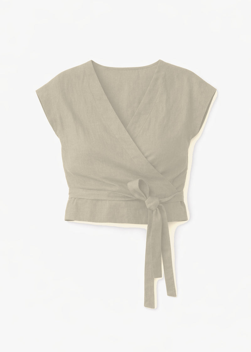 Cropped Drop-Shoulder Linen Wrap Top in Natural — flat lay