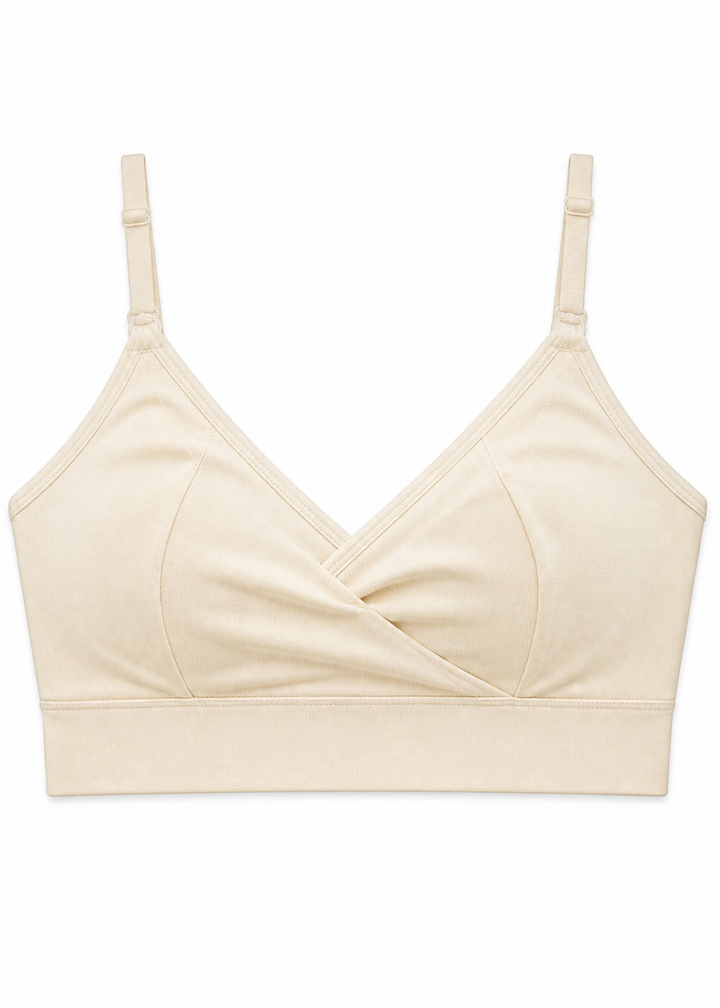 Crossover Nursing Bra in Linen in Natural — flat lay