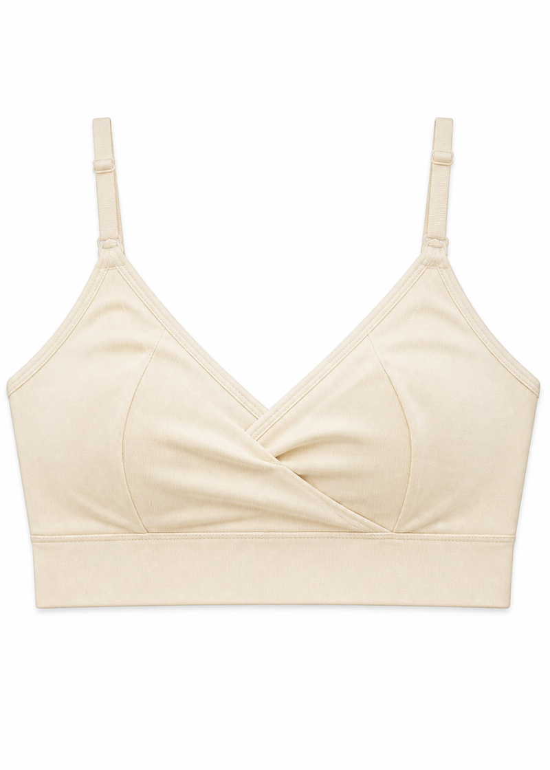 Crossover Nursing Bra in Linen in Natural — flat lay