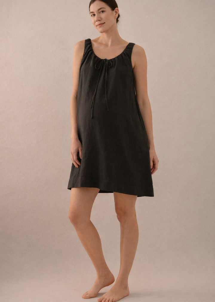 Oversized Drawstring-Neck Linen Mini Dress