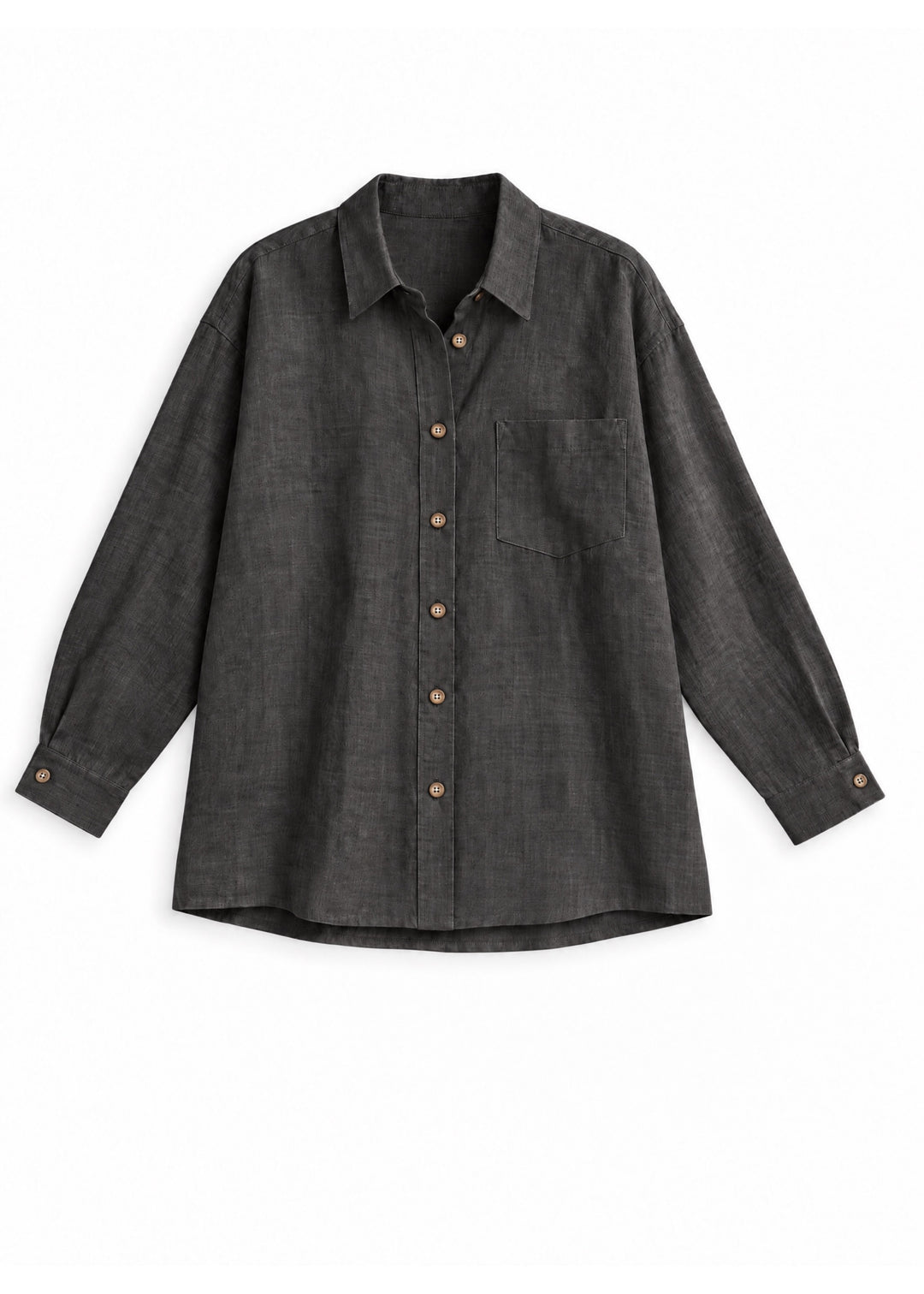 Oversized Button-Up Shirt in ebony sandwashed linen, flat lay.