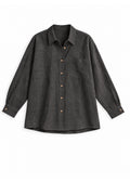 Oversized Button-Up Shirt in ebony sandwashed linen, flat lay.