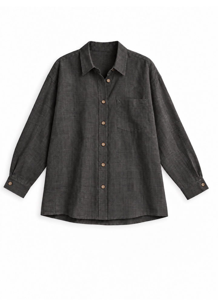 Oversized Button-Up Shirt in ebony sandwashed linen, flat lay.