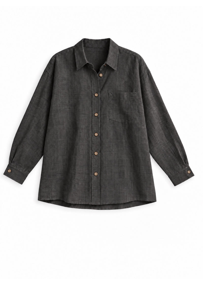 Oversized Button-Up Shirt in ebony sandwashed linen, flat lay.