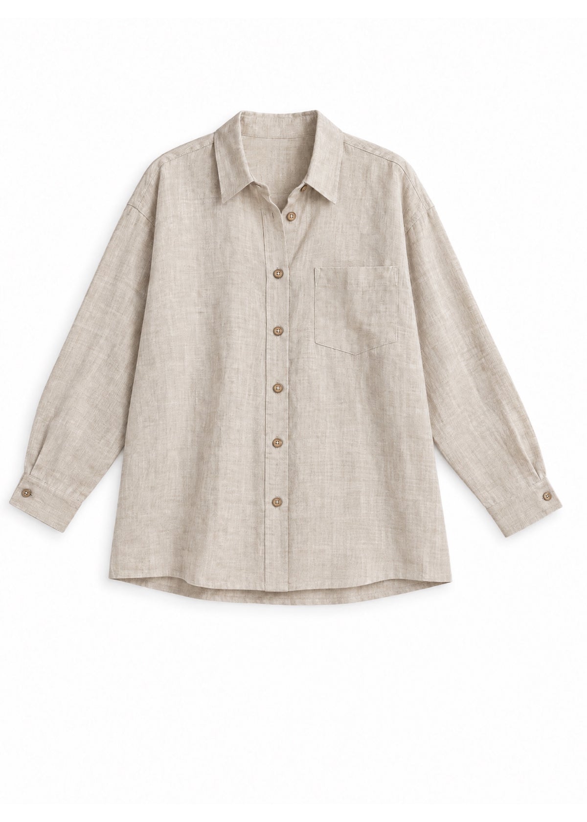Oversized Button-Up Shirt in natural sandwashed linen, flat lay with chest pocket and buttoned cuffs.