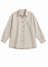 Oversized Button-Up Shirt in natural sandwashed linen, flat lay with chest pocket and buttoned cuffs.