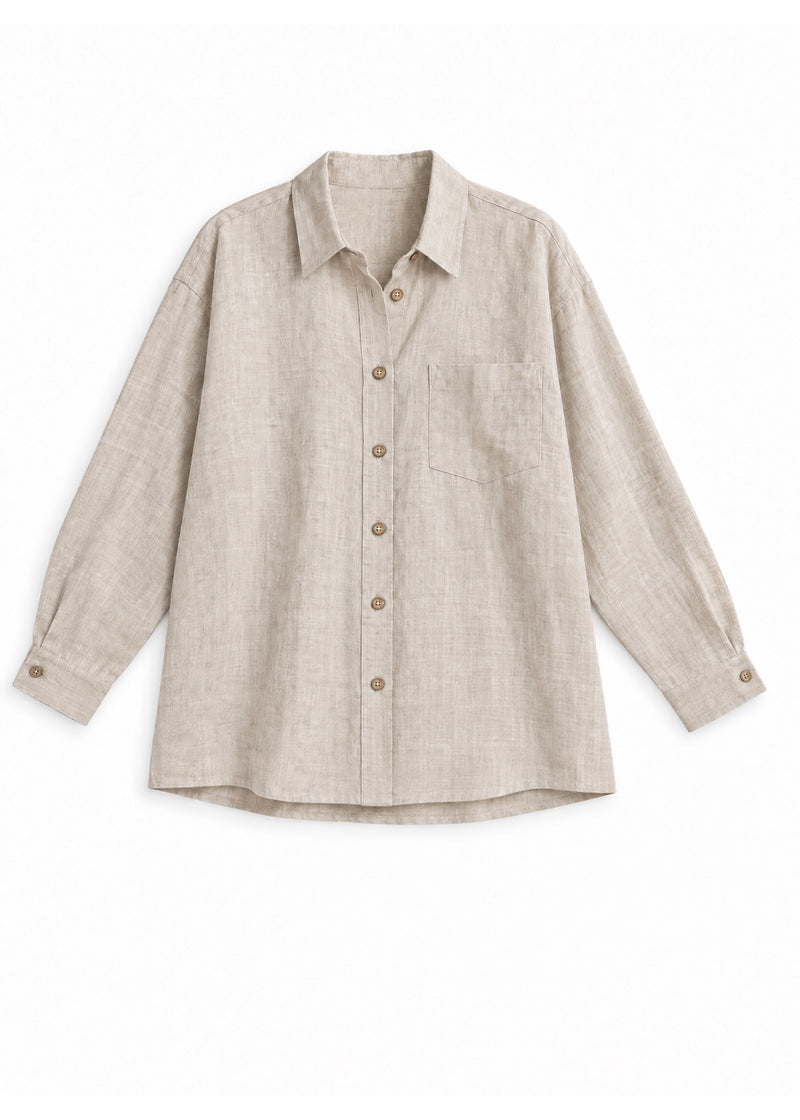Oversized Button-Up Shirt in natural sandwashed linen, flat lay with chest pocket and buttoned cuffs.