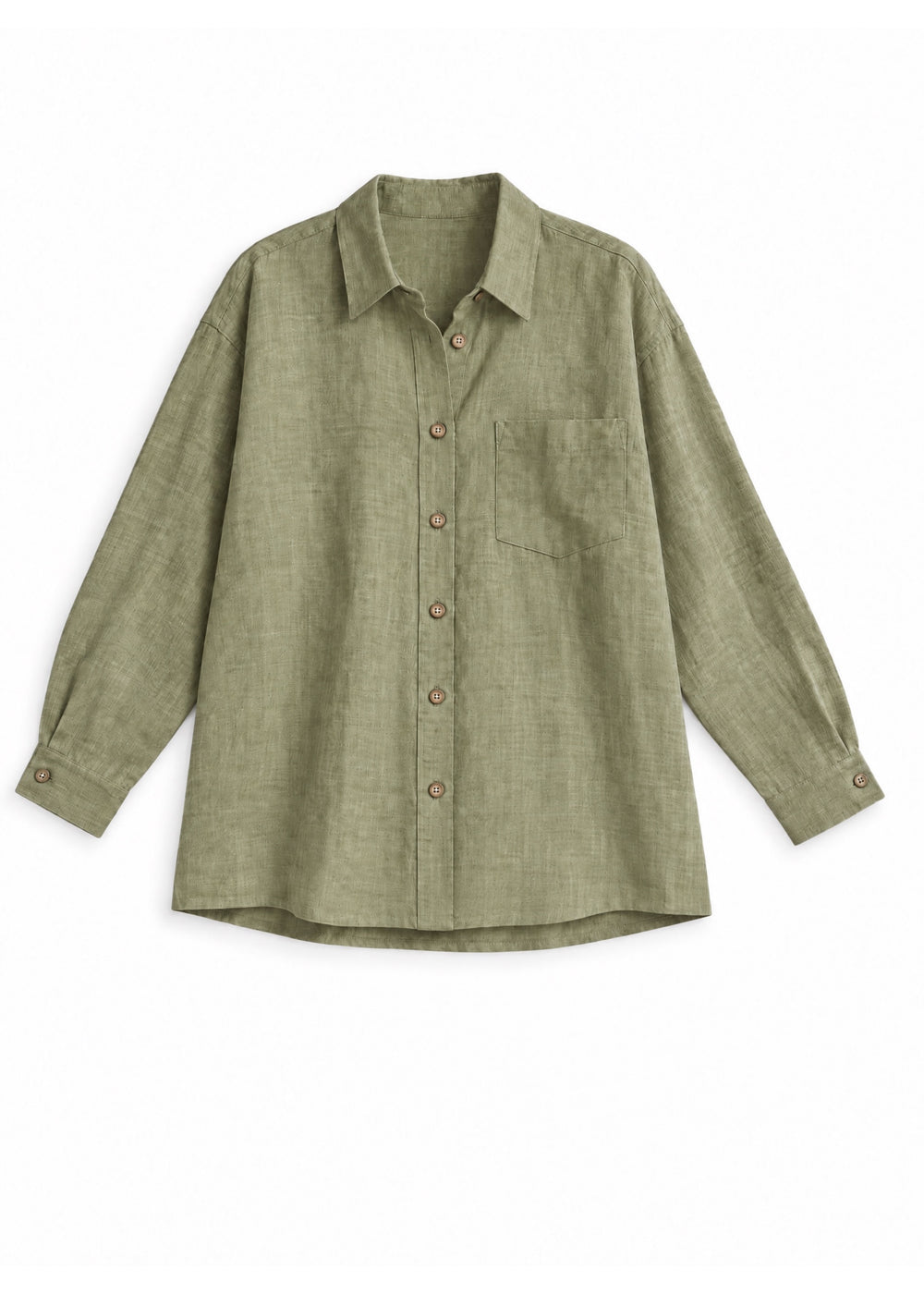Oversized Button-Up Shirt in olive sandwashed linen, flat lay.