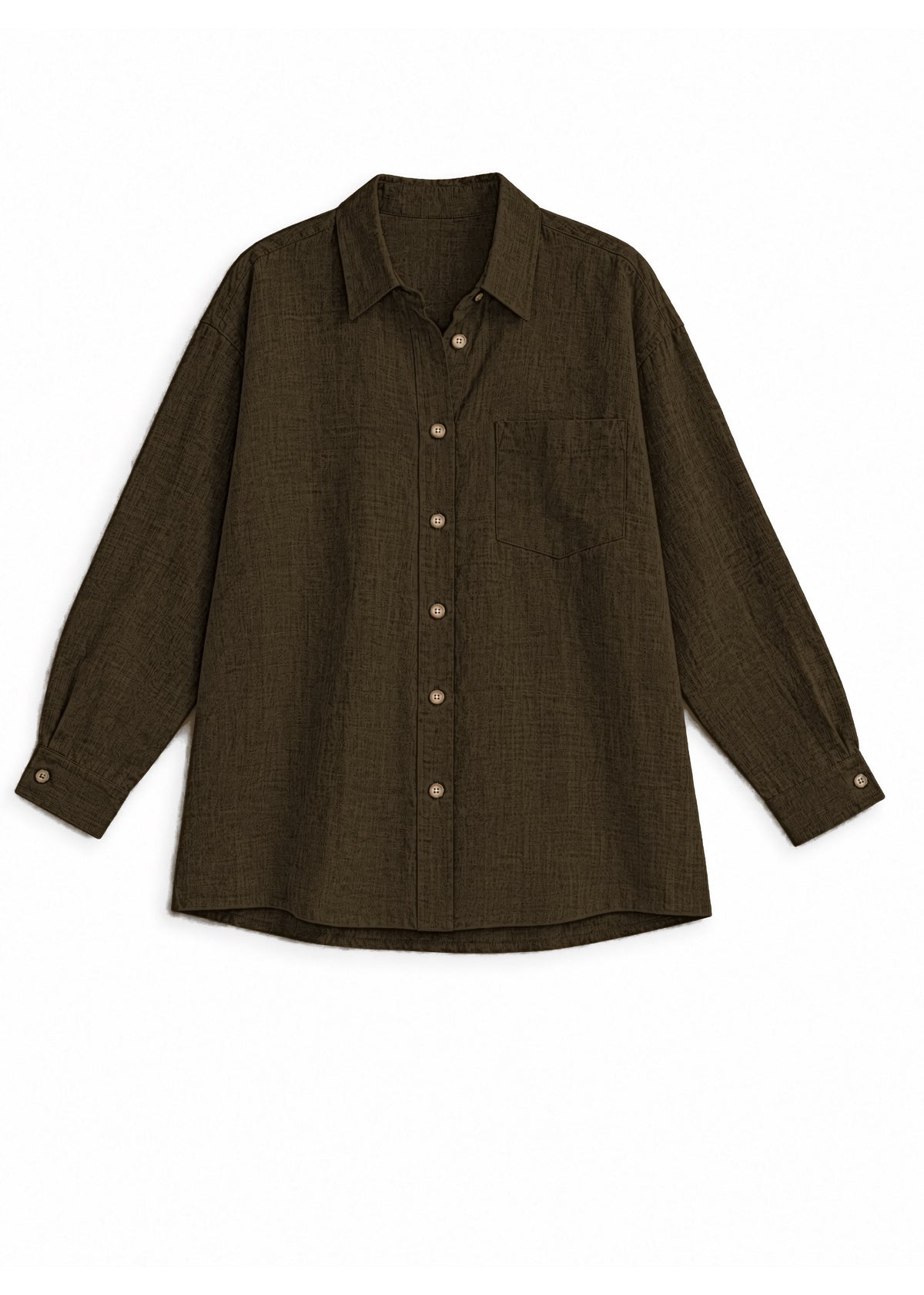 Oversized Button-Up Shirt in olive sandwashed linen, flat lay.