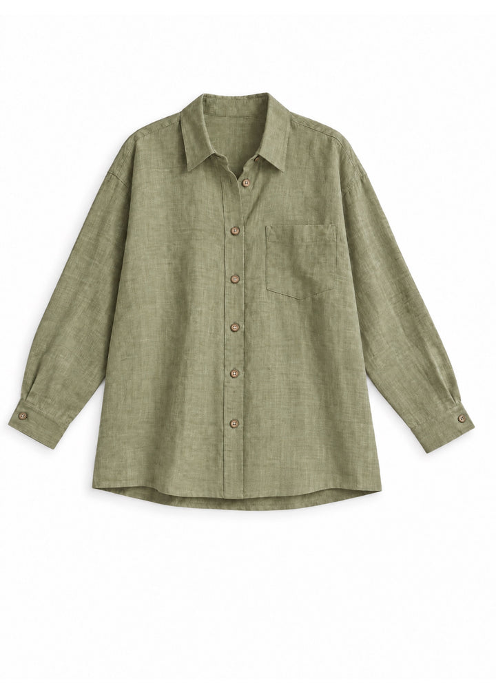 Oversized Button-Up Shirt in olive sandwashed linen, flat lay.