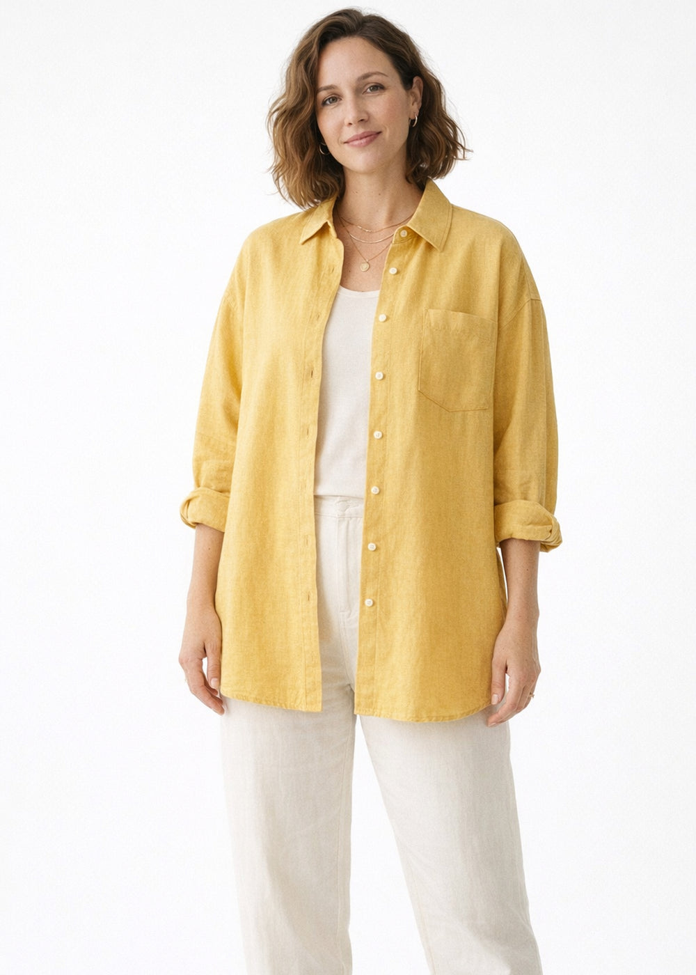 Oversized Boyfriend Linen Button-Down Shirt in Linen in Butter — on model