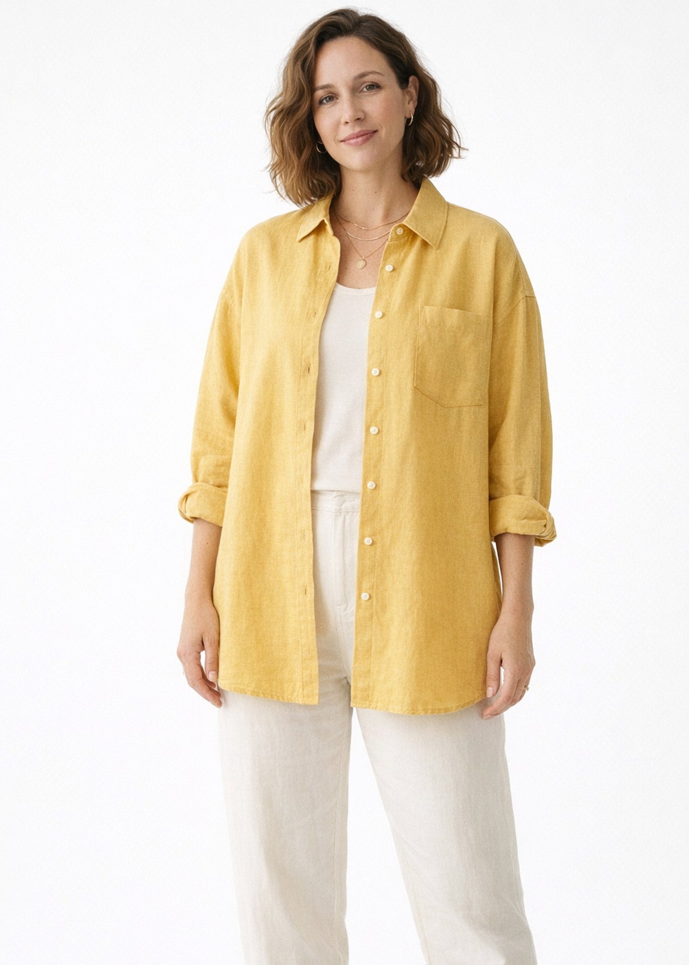 Oversized Boyfriend Linen Button-Down Shirt in Linen in Butter — on model