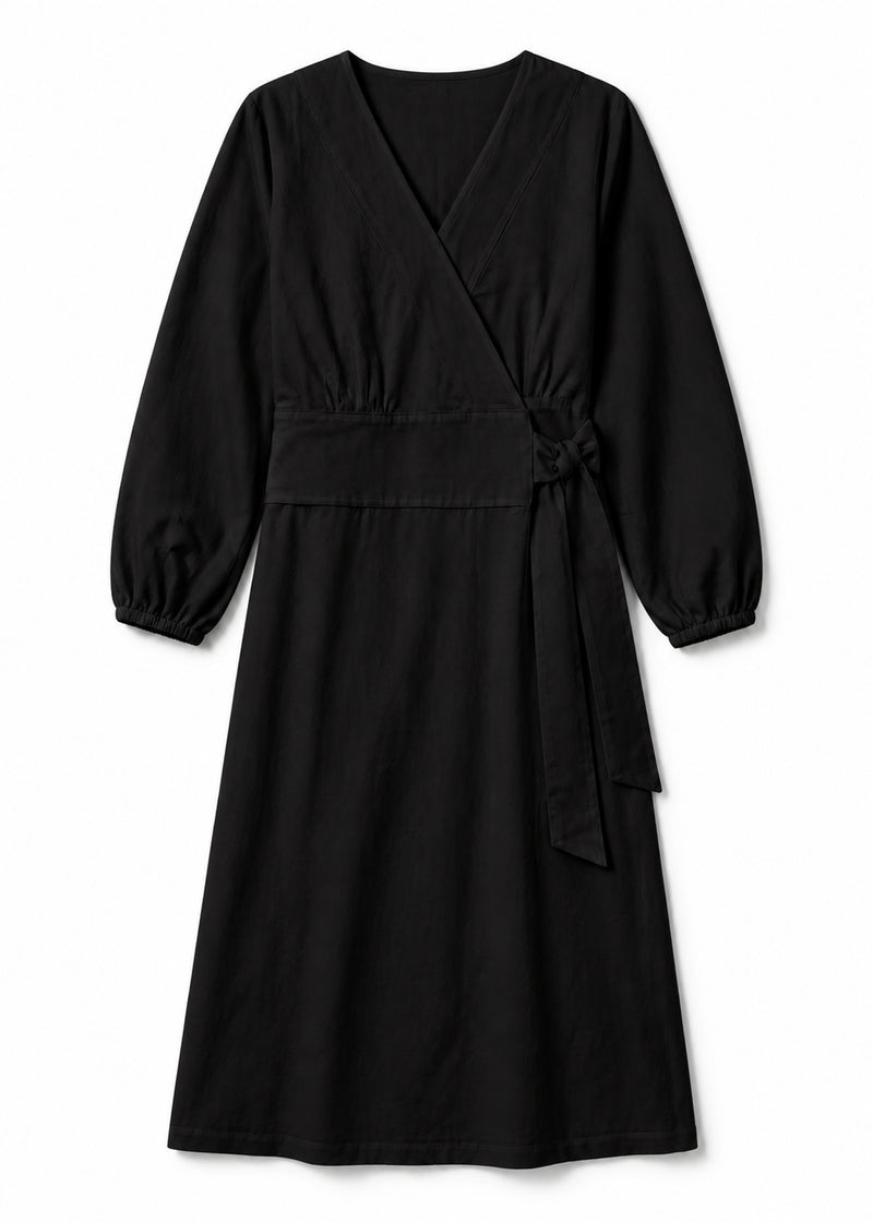 Long-Sleeve Wrap Robe in Black - flat lay