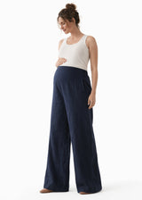 Wide-Leg Shirred-Back Pull-On Linen Trousers in Linen in Navy — on model