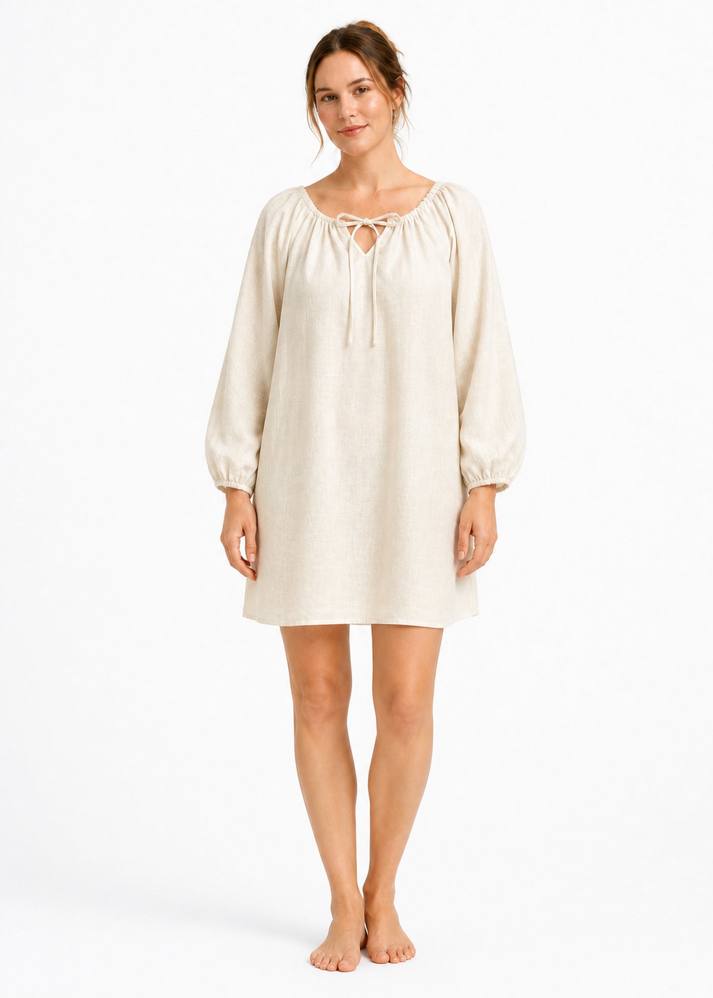 Gathered-Neck Sleep Dress in Natural - on model