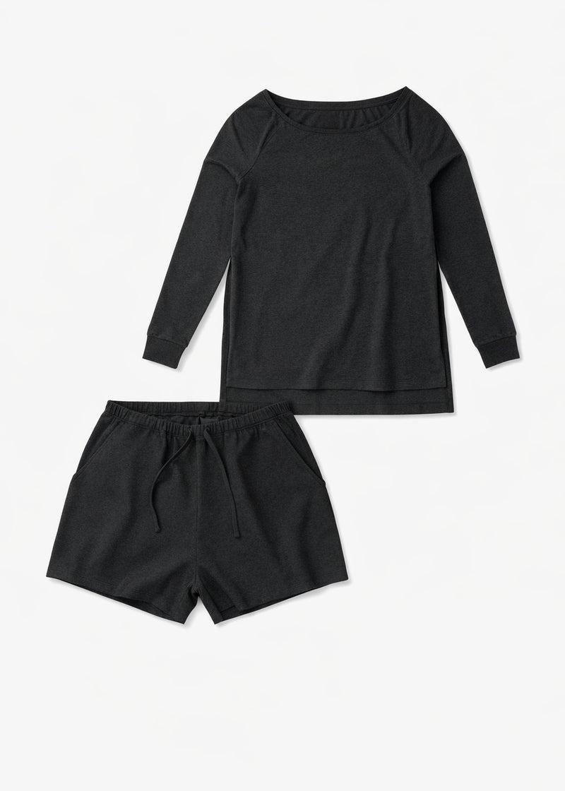 Organic Nursing-Friendly Pajama Set in Black — flat lay