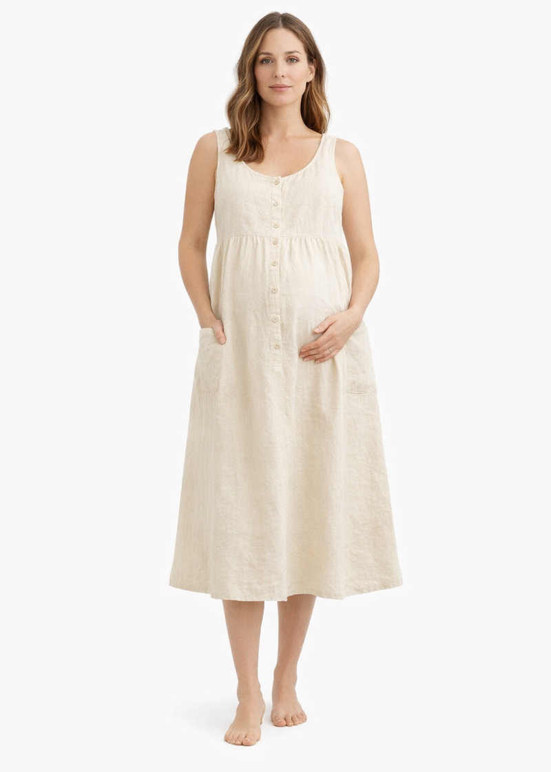 Cap-Sleeve Tiered Linen Maternity Maxi Dress in Linen in Natural — on model
