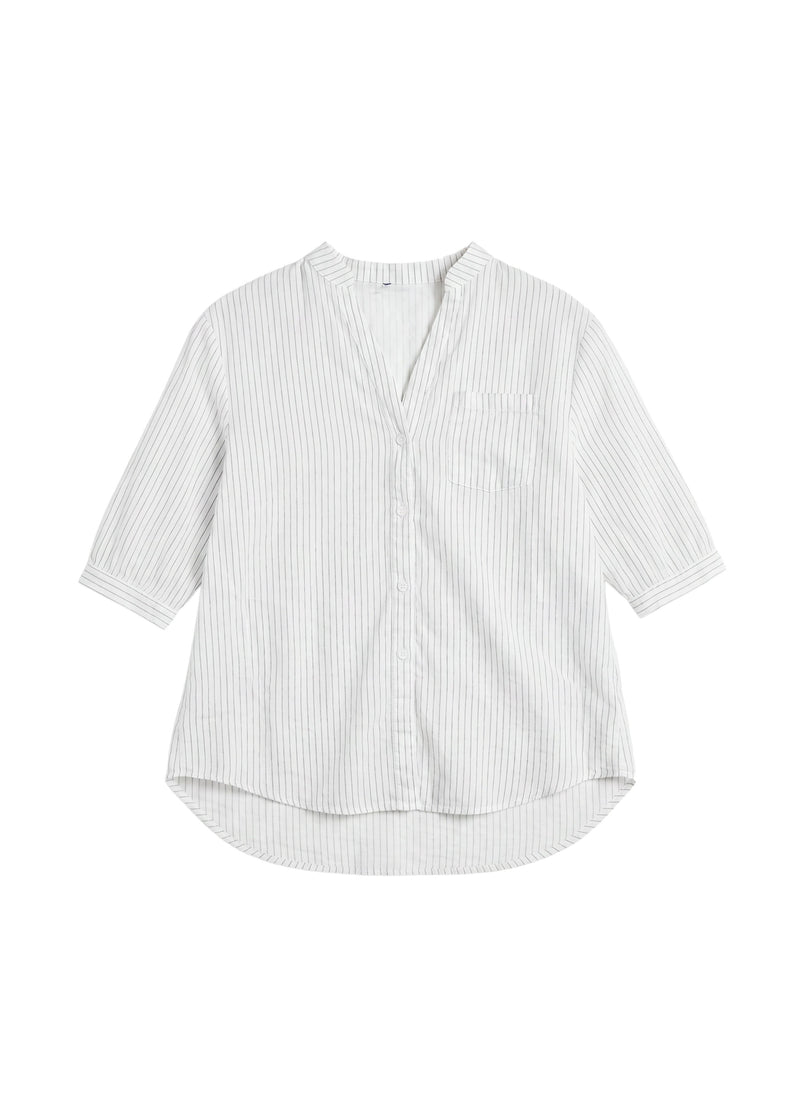 Pinstripe Band Collar Shirt In Cotton