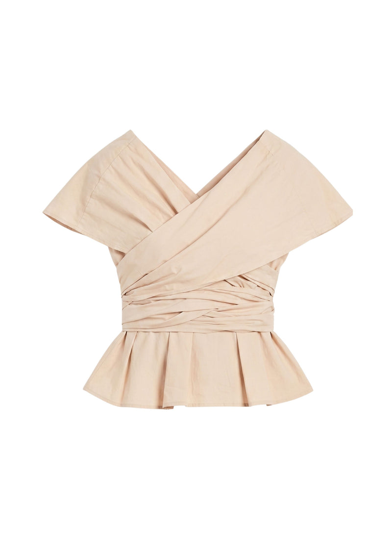 Pleated Peplum Wrap Blouse In Cotton