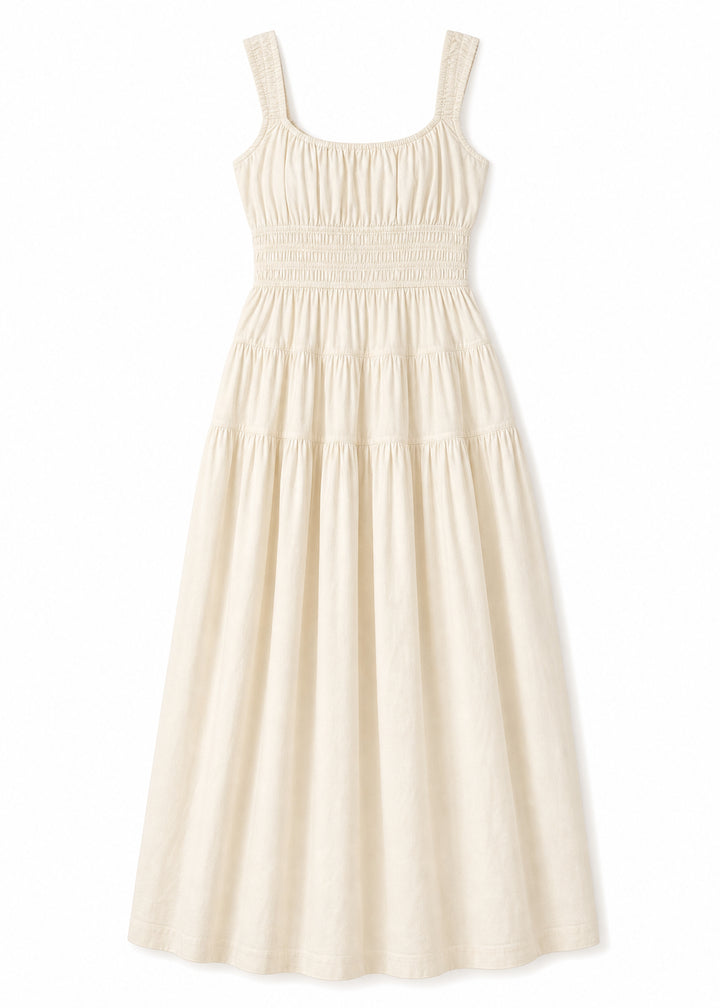 Smocked Waist Square Neck Maxi Dress in Cotton in Natural — flat lay
