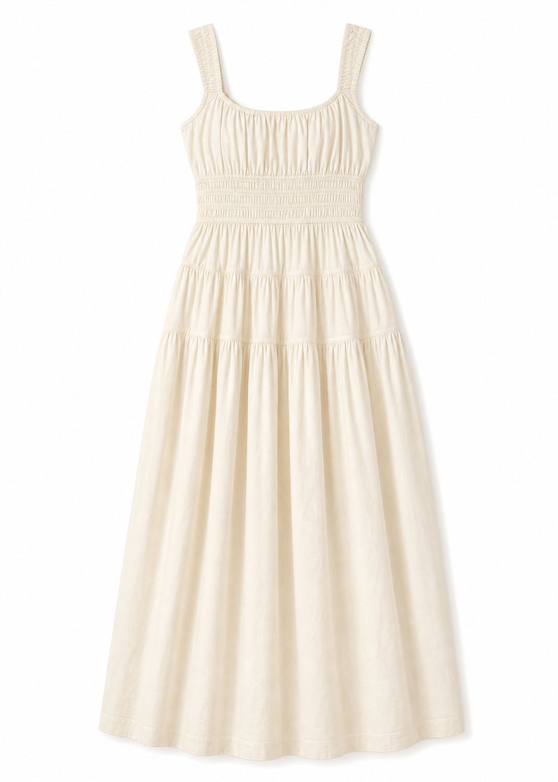 Smocked Waist Square Neck Maxi Dress in Cotton in Natural — flat lay