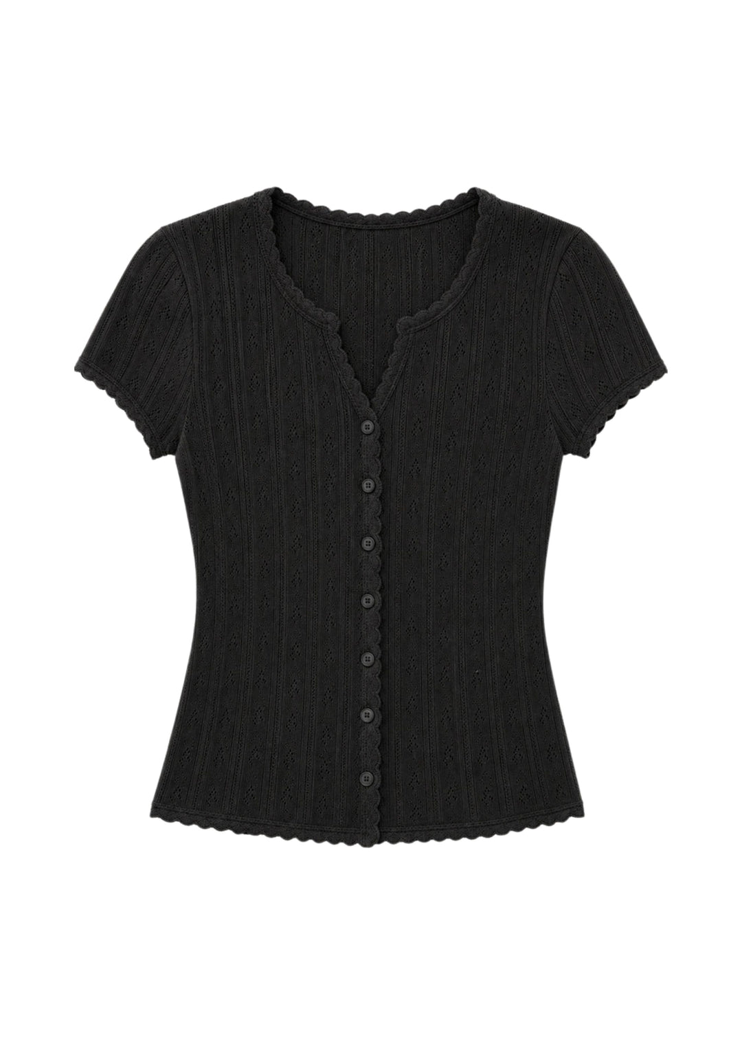 Pointelle Button-Front Short Sleeve Top in Cotton